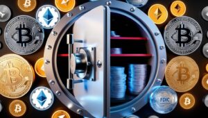 A visually striking image showcasing the concept of security provided by a crypto broker. It features a secure digital vault with an open door, revealing neatly stacked coins inside. Surrounding the vault are glowing cryptocurrency icons, including Bitcoin and Ethereum, emphasizing the secure and reliable trading environment offered by top crypto brokers.