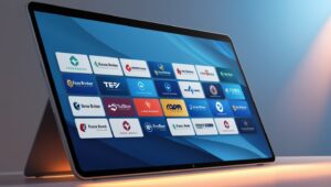 An image showing a modern, sleek computer screen displaying a grid of logos representing various forex brokers. The layout highlights a selection of the best forex brokers, making it suitable for illustrating a guide or list for beginner traders.