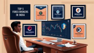 An illustration of a modern office setup displaying a man observing a computer screen that shows trading graphs. The office walls are adorned with framed pictures featuring logos of top forex brokers in India, including prominent names like Forex Brokers Inc. and Mortaei. The man, dressed in a white shirt, sits in a high-backed brown leather chair, with his gaze directed towards the trading data. The environment suggests a focus on financial trading and brokerage services in India.