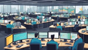 A busy trading floor with brokers at their desks, monitoring screens and making deals. Graphs and charts line the walls, showing market trends best futures brokers