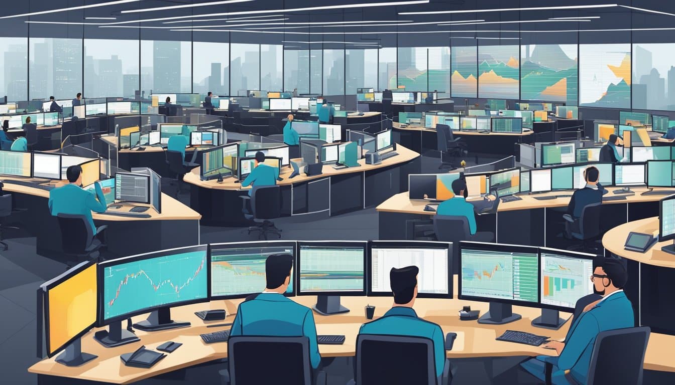 A busy trading floor with brokers at their desks, monitoring screens and making deals. Graphs and charts line the walls, showing market trends best futures brokers