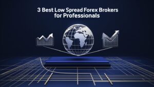 Promotional graphic for '3 Best Low Spread Forex Brokers for Professionals' featuring a 3D representation of the globe centered on a dark blue background with Africa and Europe visible. Flanked by two rising bar graph icons, the scene includes a stylized drawing of financial charts on the surface of a dark table, with a closed blue book and a white stylus pen. The text is prominently displayed at the top.
