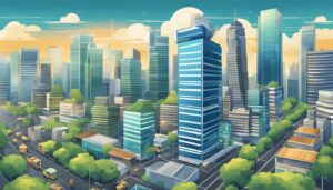 A bustling cityscape in the Philippines, with modern office buildings and financial institutions, showcasing the dynamic forex trading industry, Best Forex Brokers in the Philippines