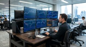 Regulated forex broker trading desk with live currency pair feeds