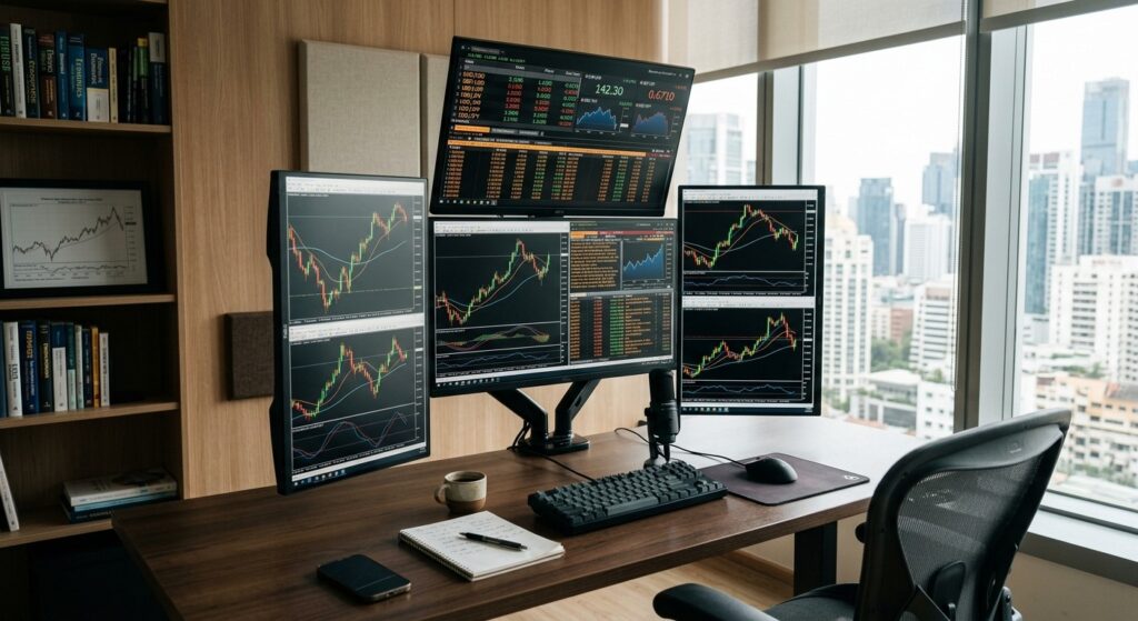Professional multi-monitor forex trading desk with currency charts displayed — best brokers for beginners 2026