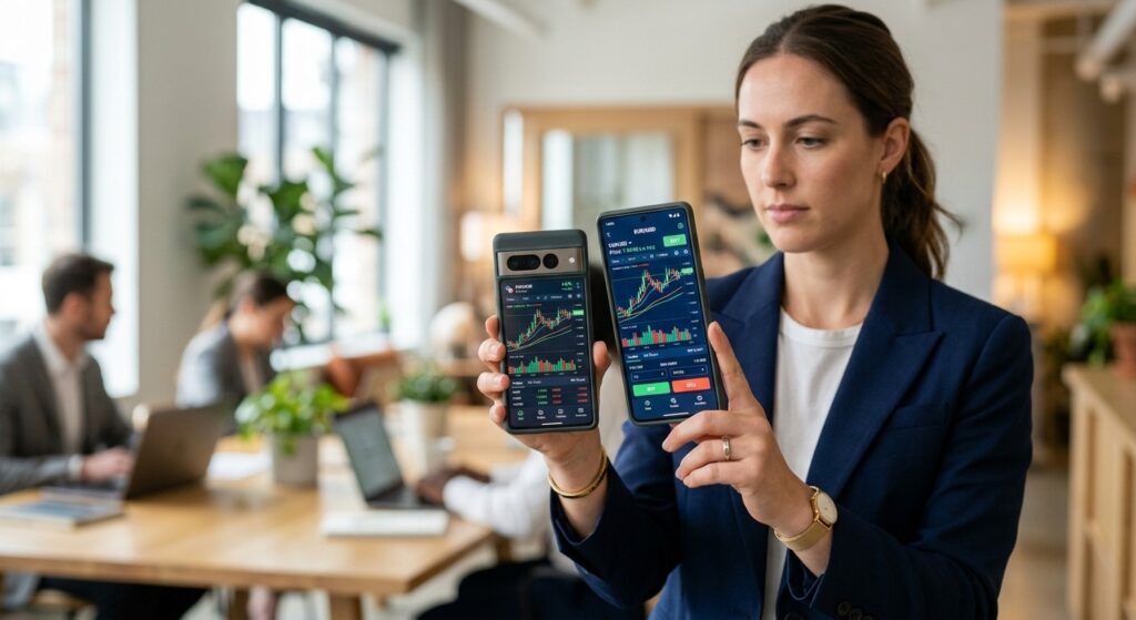 Trader comparing forex trading apps on smartphones showing EUR/USD charts — eToro mobile platform